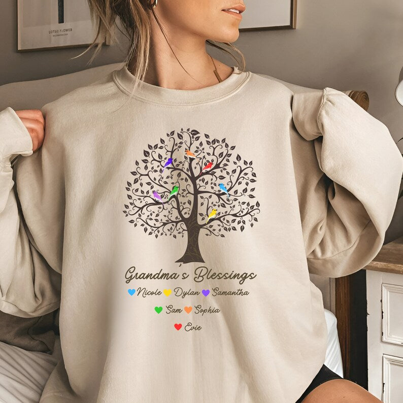 Custom Grandma Sweatshirt with Grandkids Names Personalized Grandma's Blessings Sweatshirt Bird