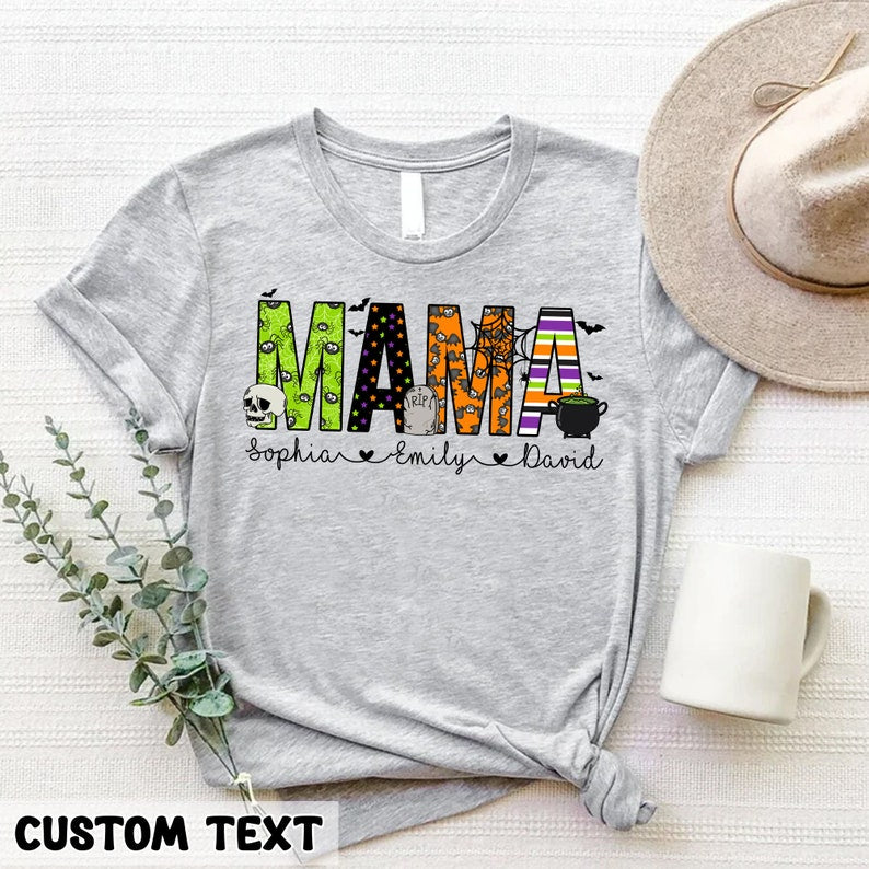 Mama Halloween Shirt, Personalized Mom Shirt for Halloween, Custom Mama Shirt with Kids Name, Halloween Gift For Mom