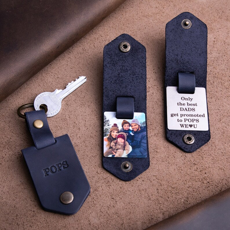 Best gift for Dad from Daughter embossed leather photo key chain, key chain for dad