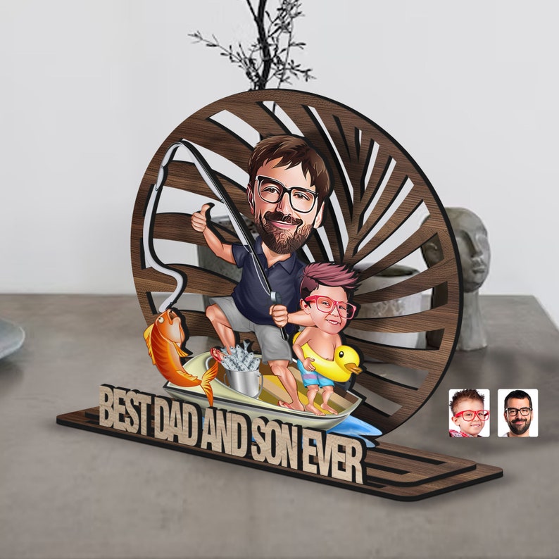 Personalized 3D Wooden Cartoon Father's Day Figurine Trinket, Custom Caricature Portrait, Style 9