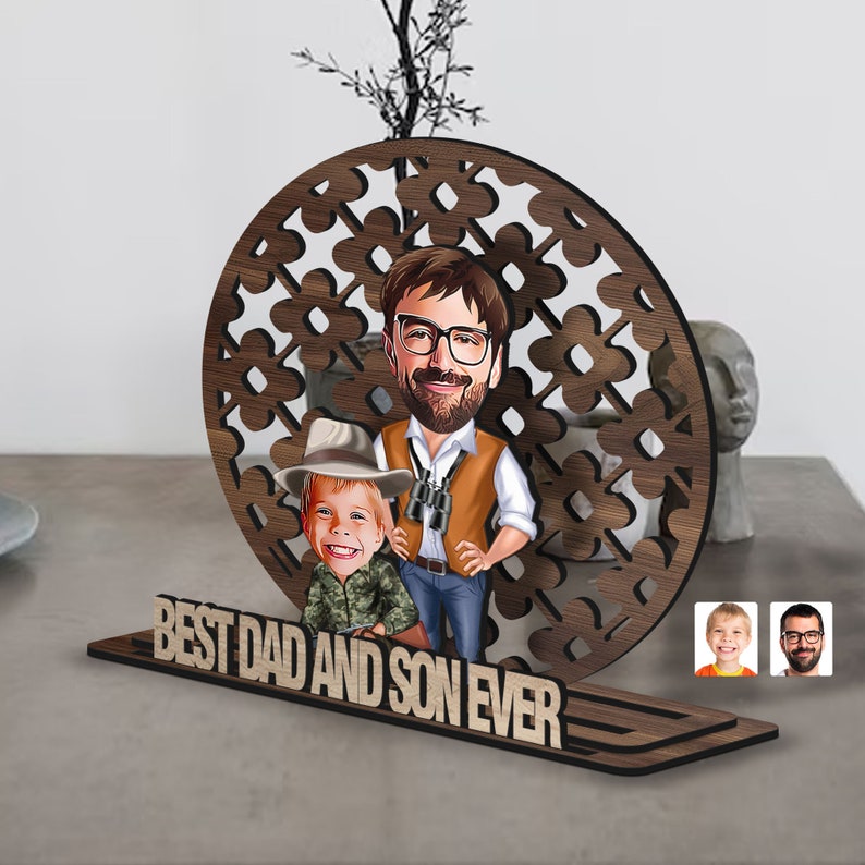 Personalized 3D Wooden Cartoon Father's Day Figurine Trinket, Custom Caricature Portrait, Style 1