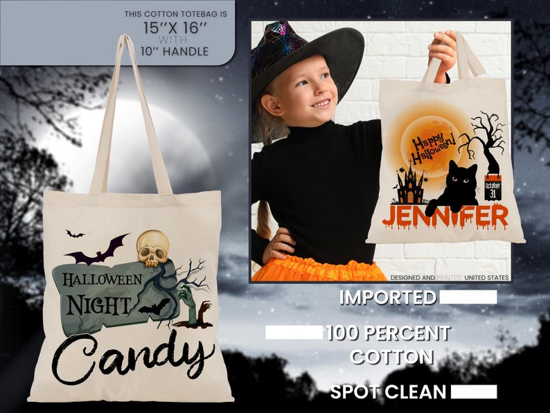 Personalized Halloween Tote Bag, Trick Or Treat Tote Bag - Halloween Bags for Kids