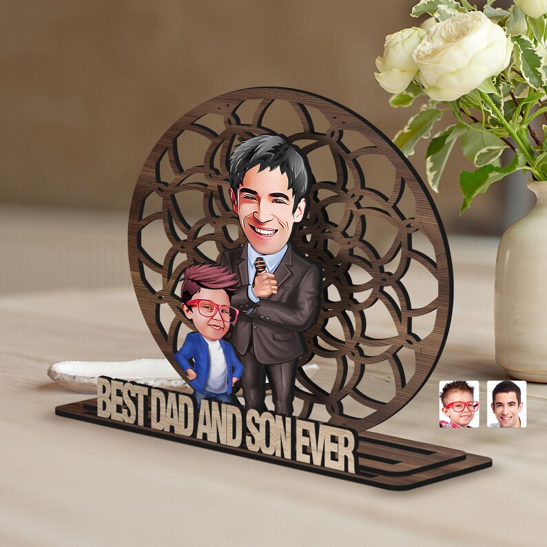 Personalized 3D Wooden Cartoon Father's Day Figurine Trinket, Custom Caricature Portrait, Style 4