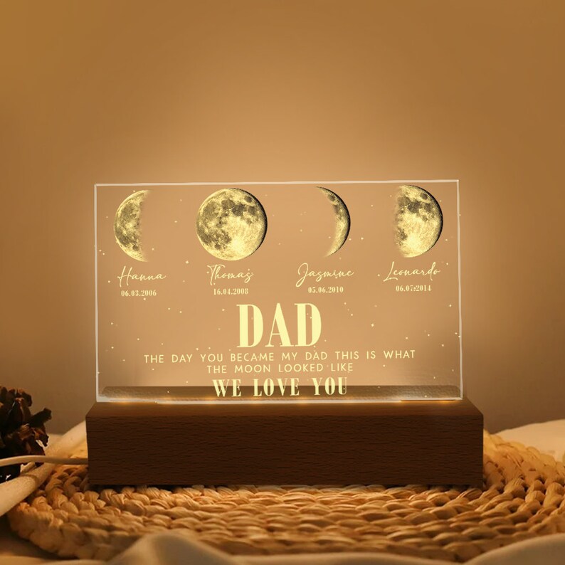 Custom The Day You Became My Dad Moons Phase Light Plaque With Kids Names