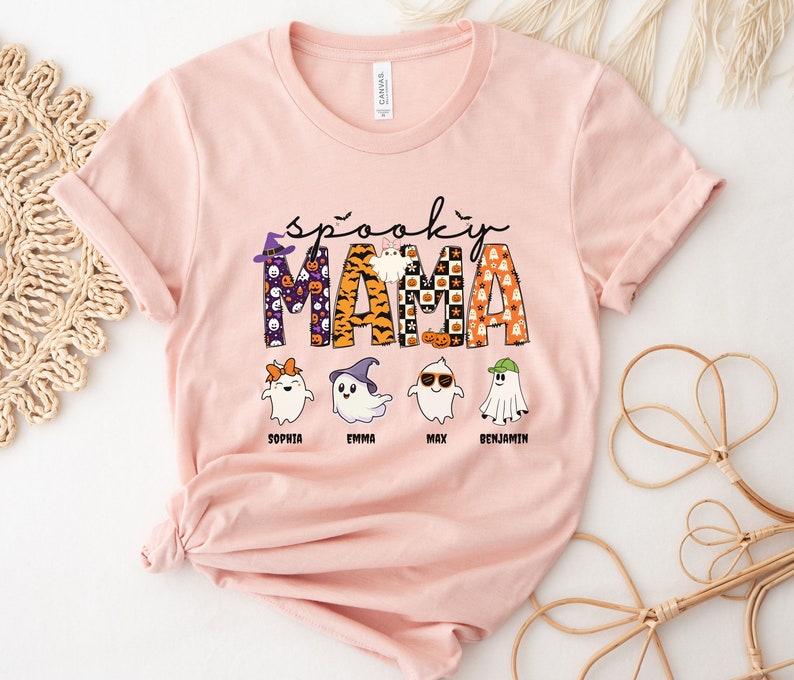 Personalized Mama Halloween Shirt with kids name, Spooky Mama Shirt, Ghost Mama Shirt