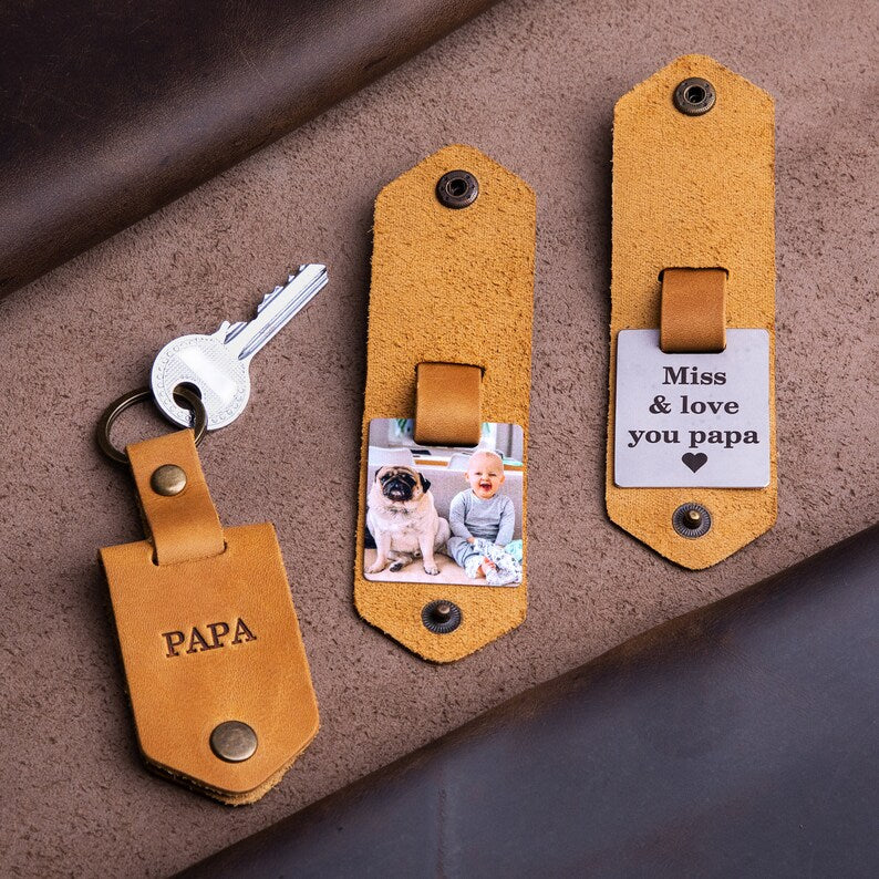 Best gift for Dad from Daughter embossed leather photo key chain, key chain for dad