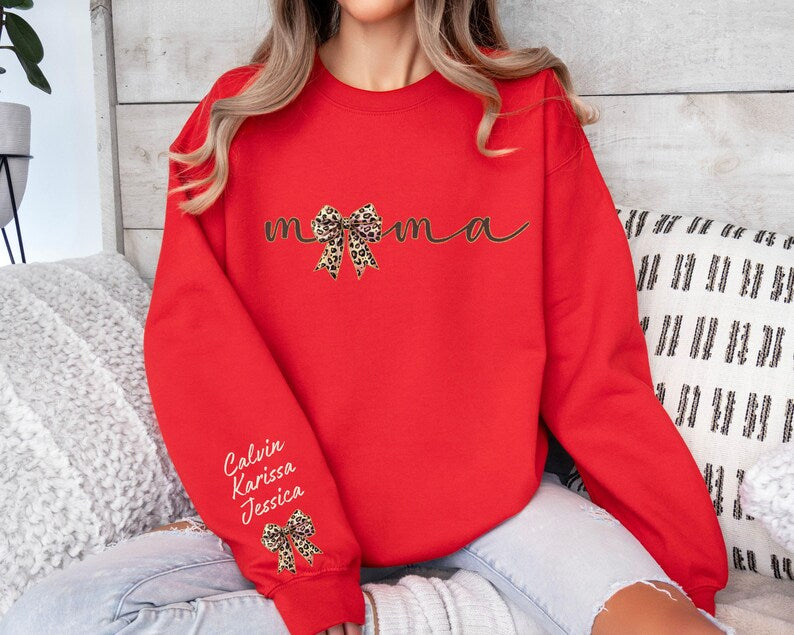 Custom Mama Leopard Sweater With Kids Name On Sleeve, Coquette Bow Mama Sweater Gift