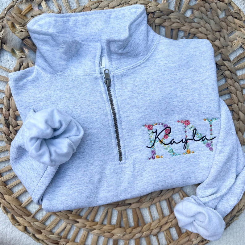 Personalized Embroidered Nurse Floral Sweatshirt Rn Quarter Zip