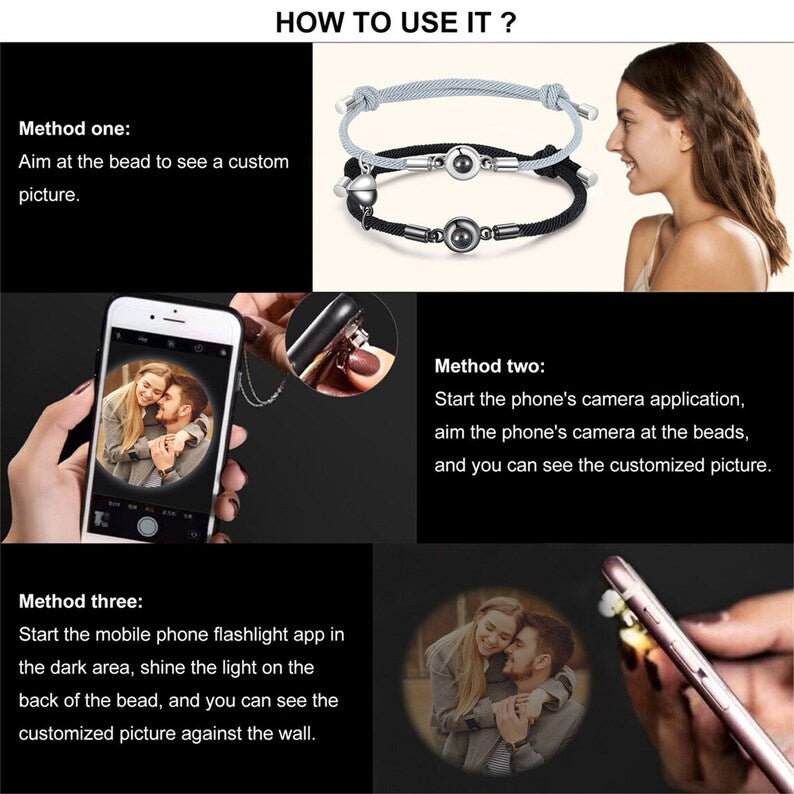 Set of 2 Photo Projection Bracelet,Magnetic Bracelets for Couples