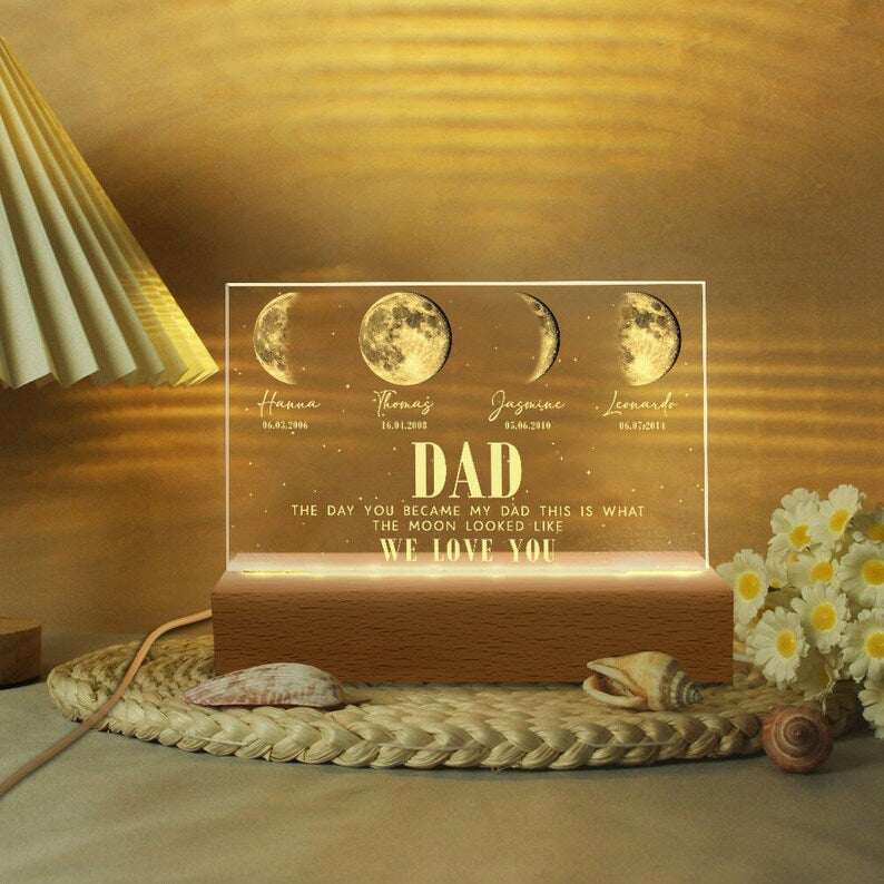 Custom The Day You Became My Dad Moons Phase Light Plaque With Kids Names