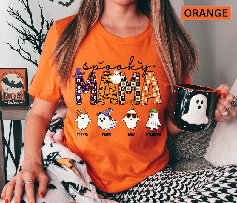 Personalized Mama Halloween Shirt with kids name, Spooky Mama Shirt, Ghost Mama Shirt