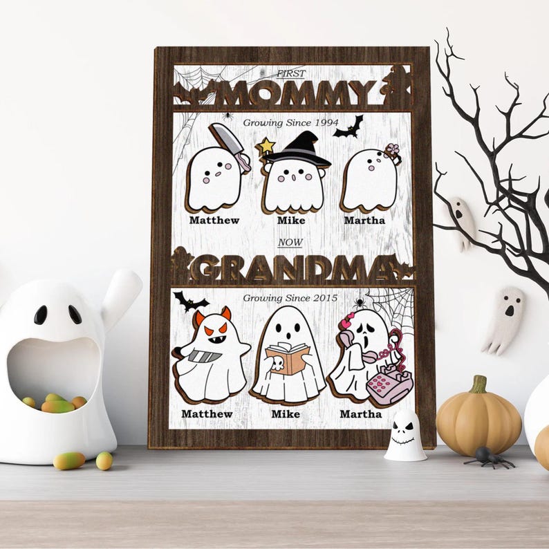 First Mom Now Grandma Personalized Spooky Halloween Ghosts Frame Wooden Sign