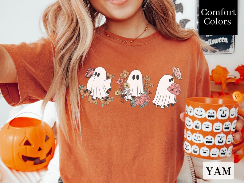 Retro Halloween Floral Ghost Shirt, Сute Ghost Shirt, Floral Ghost Tshirt