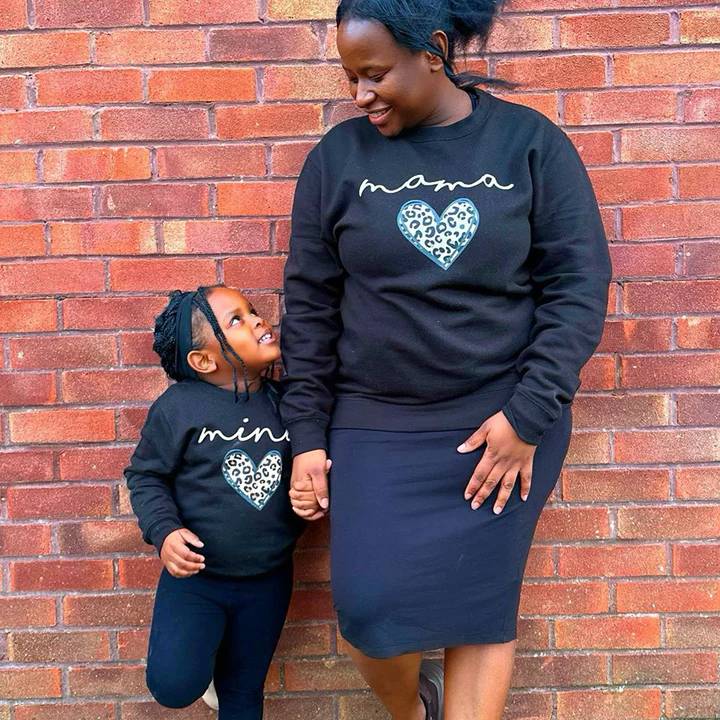 Mama & Mini Leopard Logo Heart Matching Black Sweatshirts