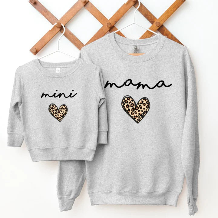 Mama & Mini Leopard Logo Heart Matching Black Sweatshirts