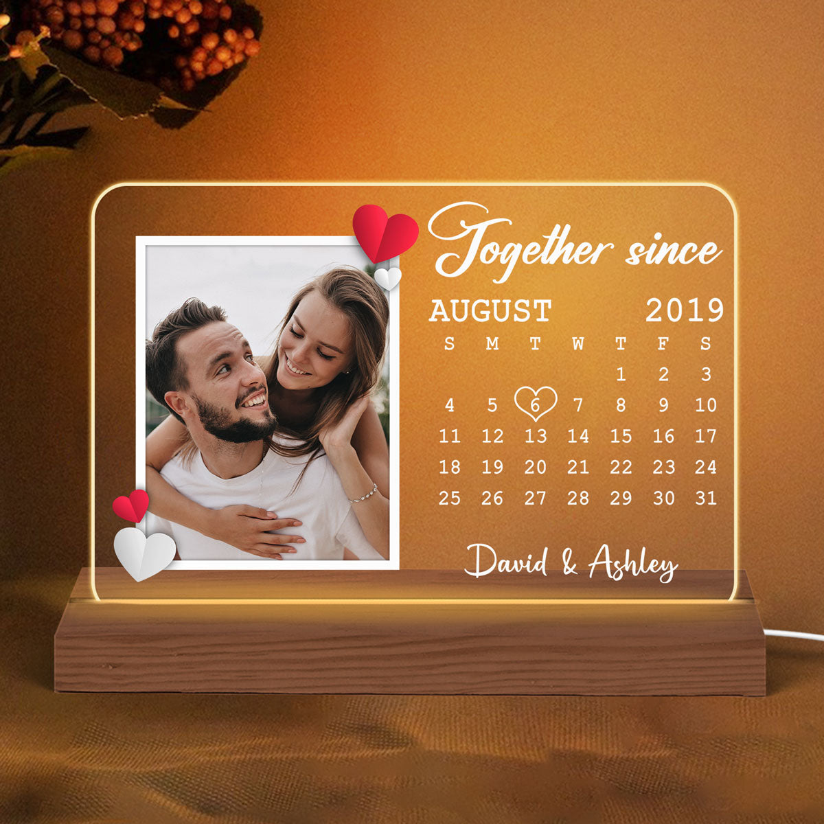 Couple Photo Anniversary Date Calendar Personalized Rectangle Shape Acrylic Plaque With LED Night Light