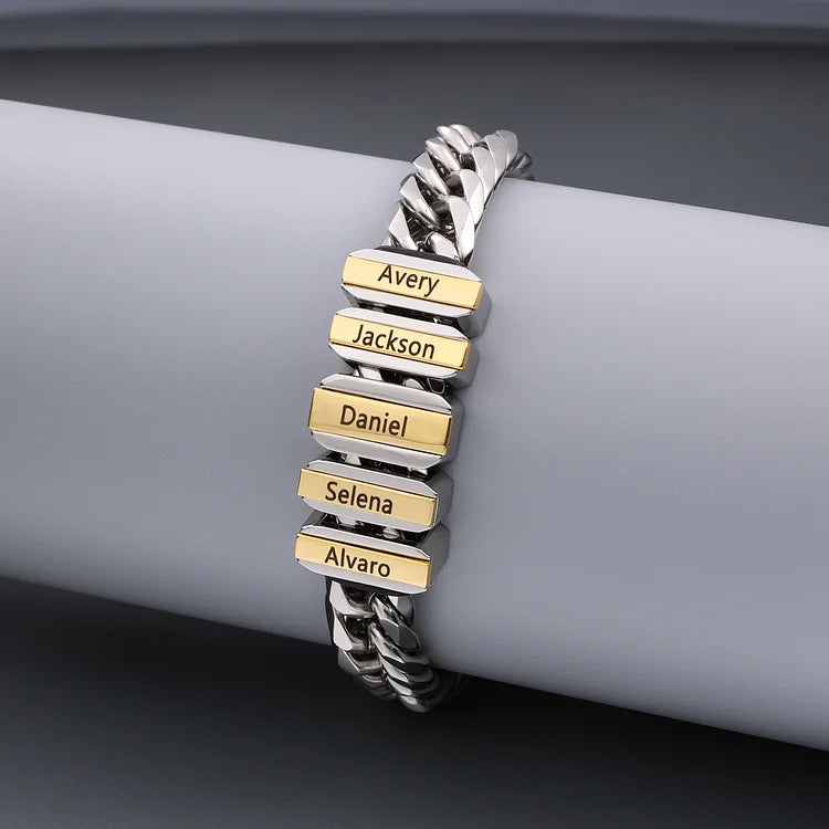 Personalized Mens Cuban Link Chain Bracelet Engraved 6 Beads - Father's Day Gift