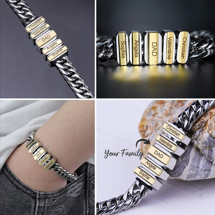 Personalized Mens Cuban Link Chain Bracelet Engraved 6 Beads - Father's Day Gift