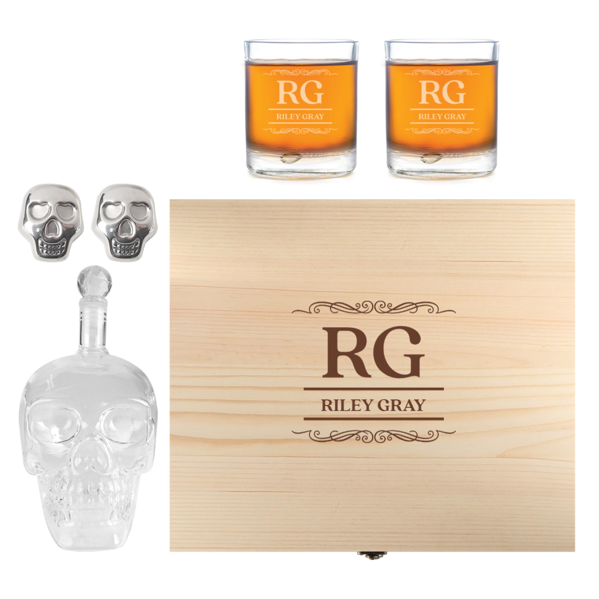 Engraved Father's Day Wooden Gift Boxed Skull Decanter Set