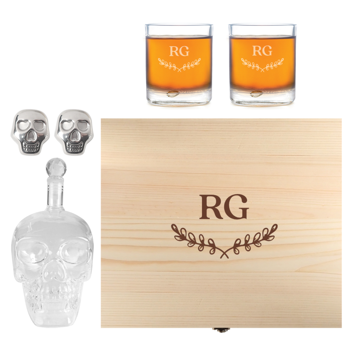 Engraved Father's Day Wooden Gift Boxed Skull Decanter Set