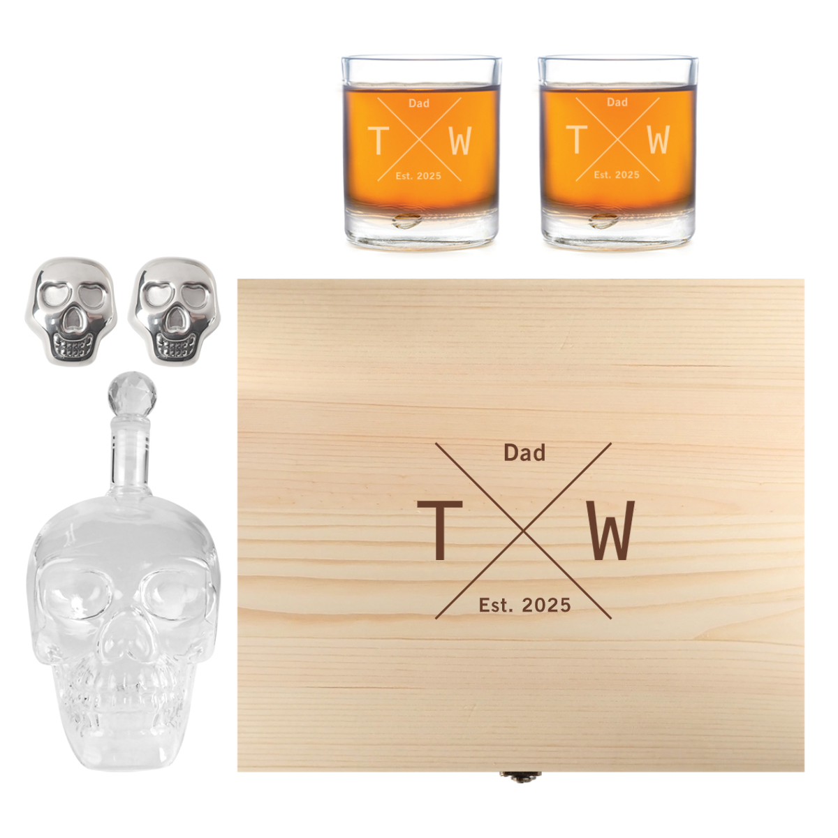 Engraved Father's Day Wooden Gift Boxed Skull Decanter Set