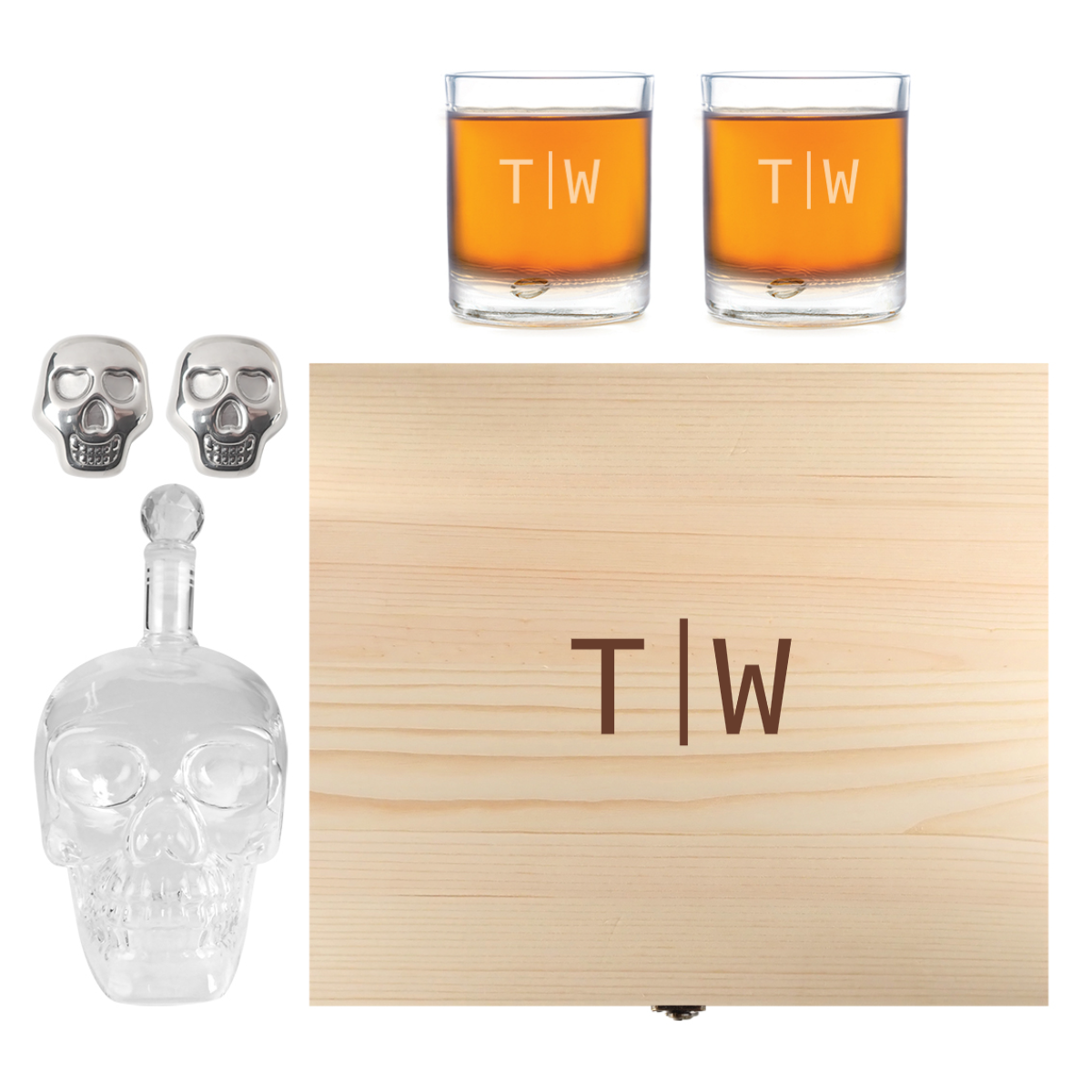 Engraved Father's Day Wooden Gift Boxed Skull Decanter Set