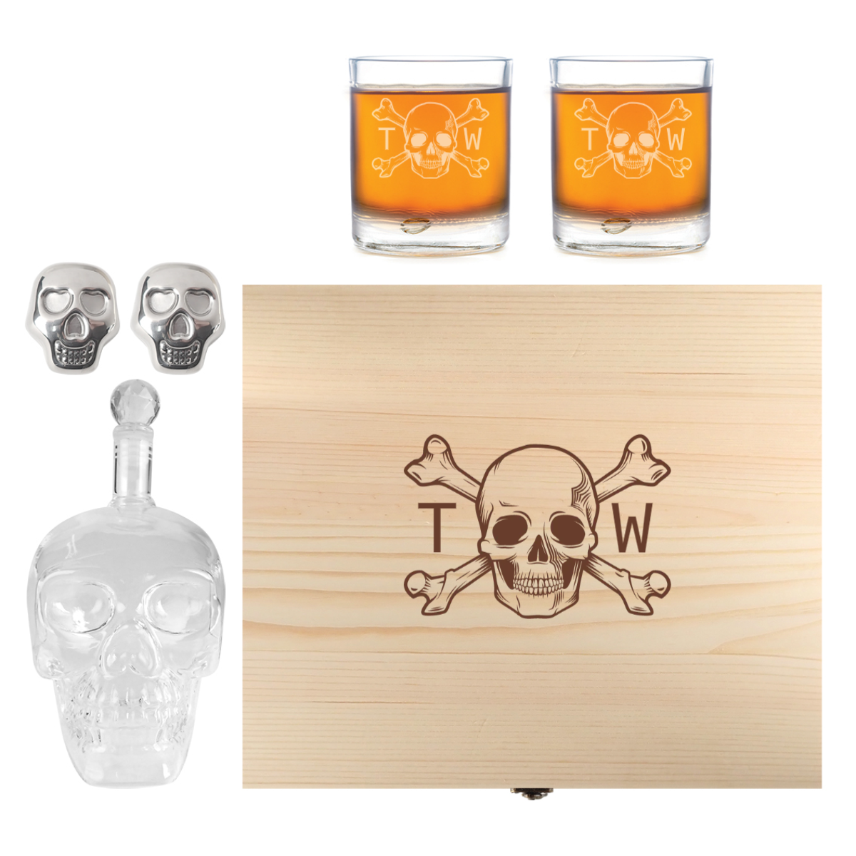 Engraved Father's Day Wooden Gift Boxed Skull Decanter Set