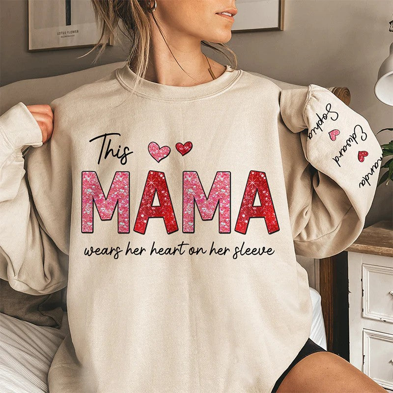 This Abuela Wears Her Heart On Her Sleeve - Family Personalized Unisex Sweatshirt With Design On Sleeve - Gift For Mom, Grandma