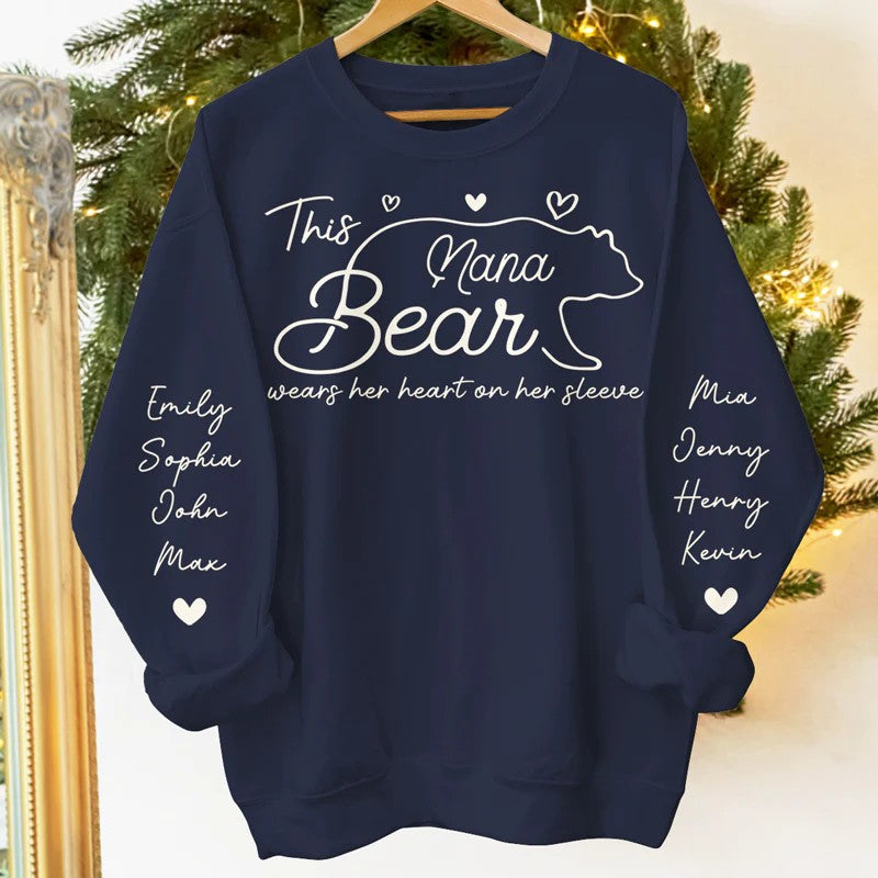 This Mama Bear Wears Her Heart On Her Sleeve - Family Personalized Unisex Sweatshirt With Design On Sleeve - Gift For Mom