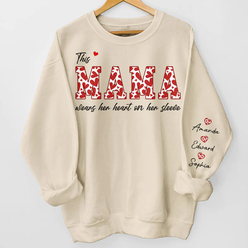 This Mama Wears Her Heart On Her Sleeve - Family Personalized Unisex Sweatshirt With Design On Sleeve - Birthday Gift For Mom, Grandma