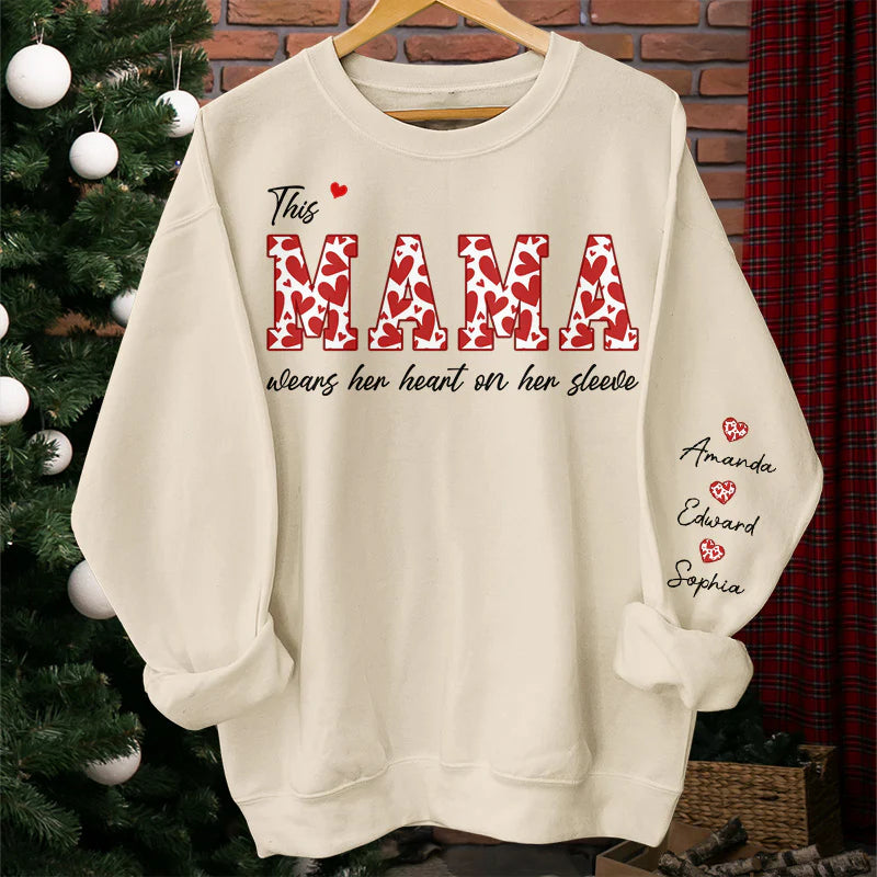 This Mama Wears Her Heart On Her Sleeve - Family Personalized Unisex Sweatshirt With Design On Sleeve - Birthday Gift For Mom, Grandma