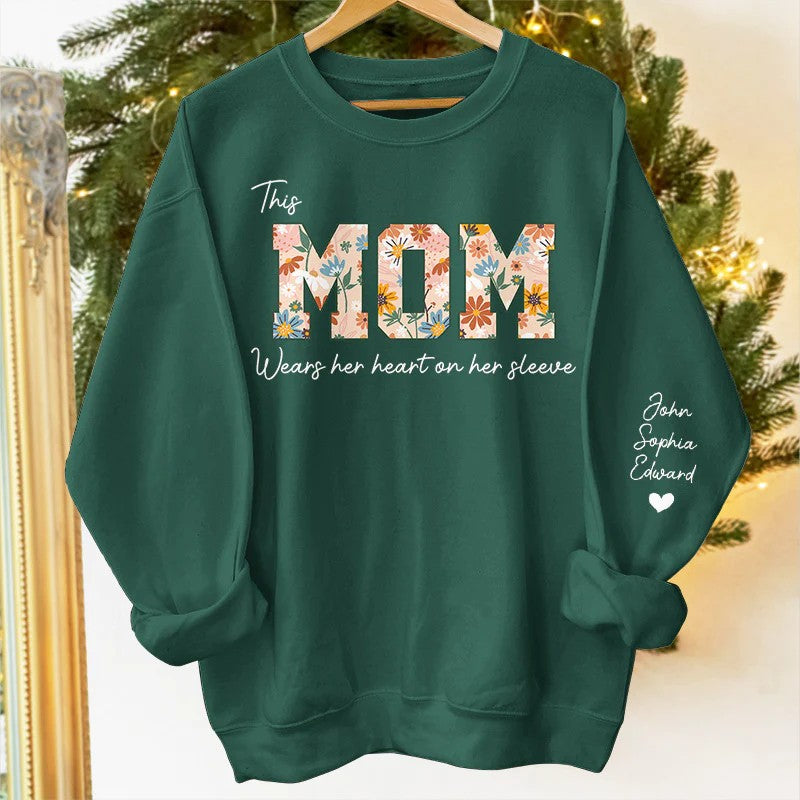 This Mom Wears Her Heart On Her Sleeve - Family Personalized Unisex Sweatshirt With Design On Sleeve - Birthday Gift For Mom, Grandma