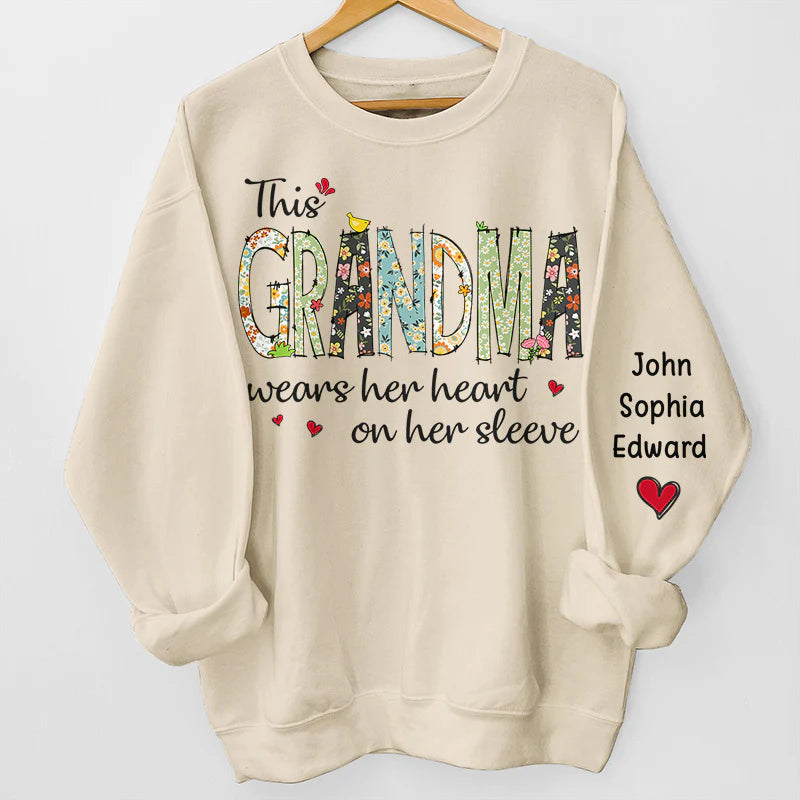 Grandma Wears Her Heart On Her Sleeve - Family Personalized Custom Sweatshirt - Gift For Grandma, Mom