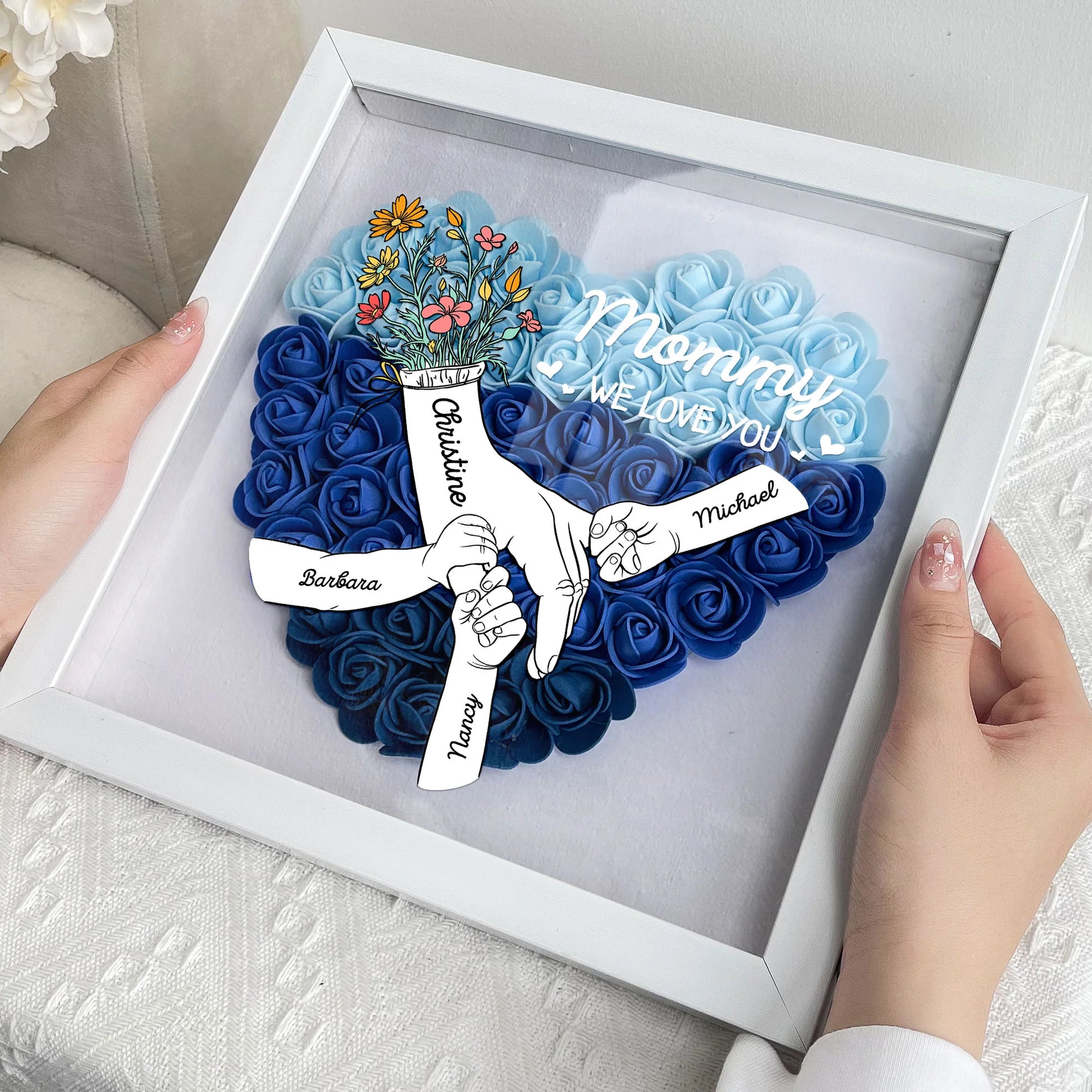 We Love You Mommy Hand Holding - Personalized Flower Shadow Box (Customized free)