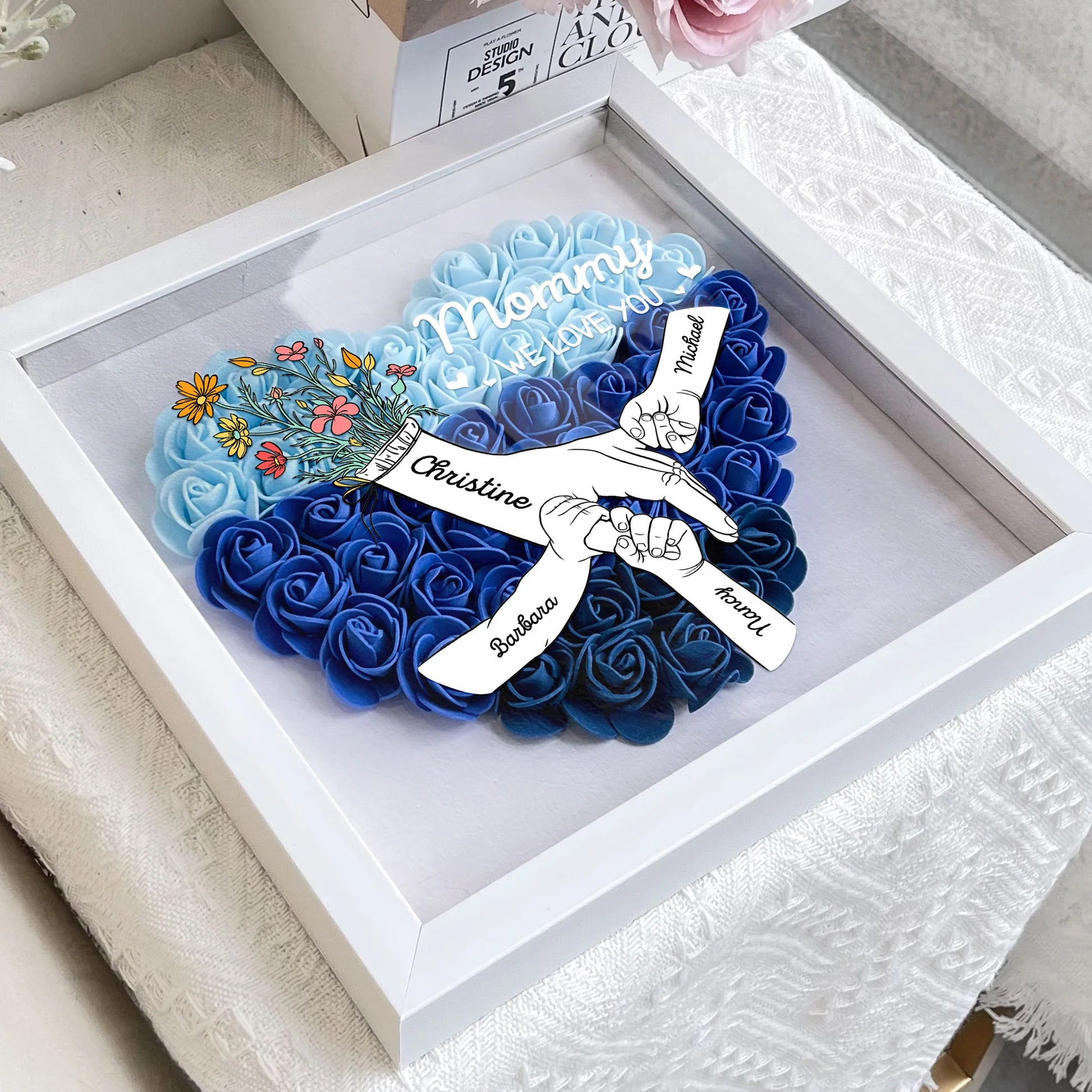 We Love You Mommy Hand Holding - Personalized Flower Shadow Box (Customized free)