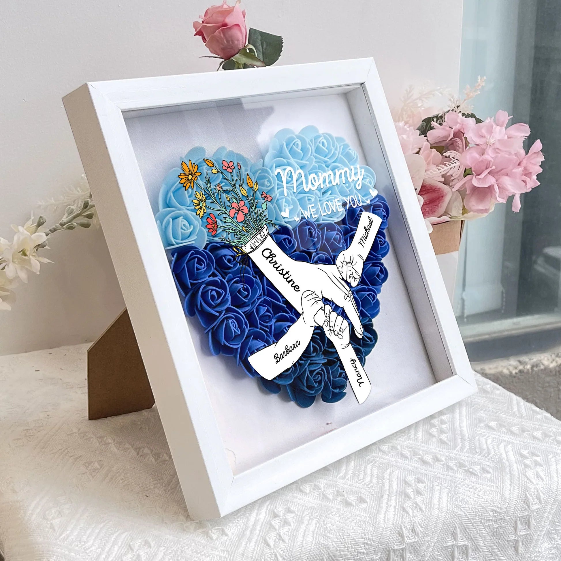 We Love You Mommy Hand Holding - Personalized Flower Shadow Box (Customized free)