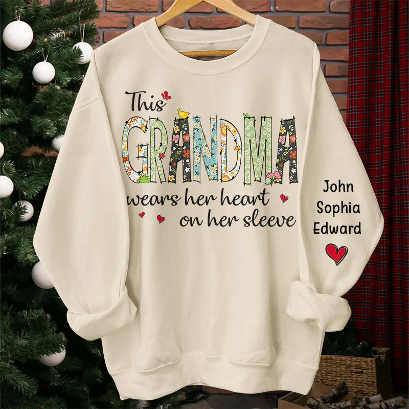 Grandma Wears Her Heart On Her Sleeve - Family Personalized Custom Sweatshirt - Gift For Grandma, Mom