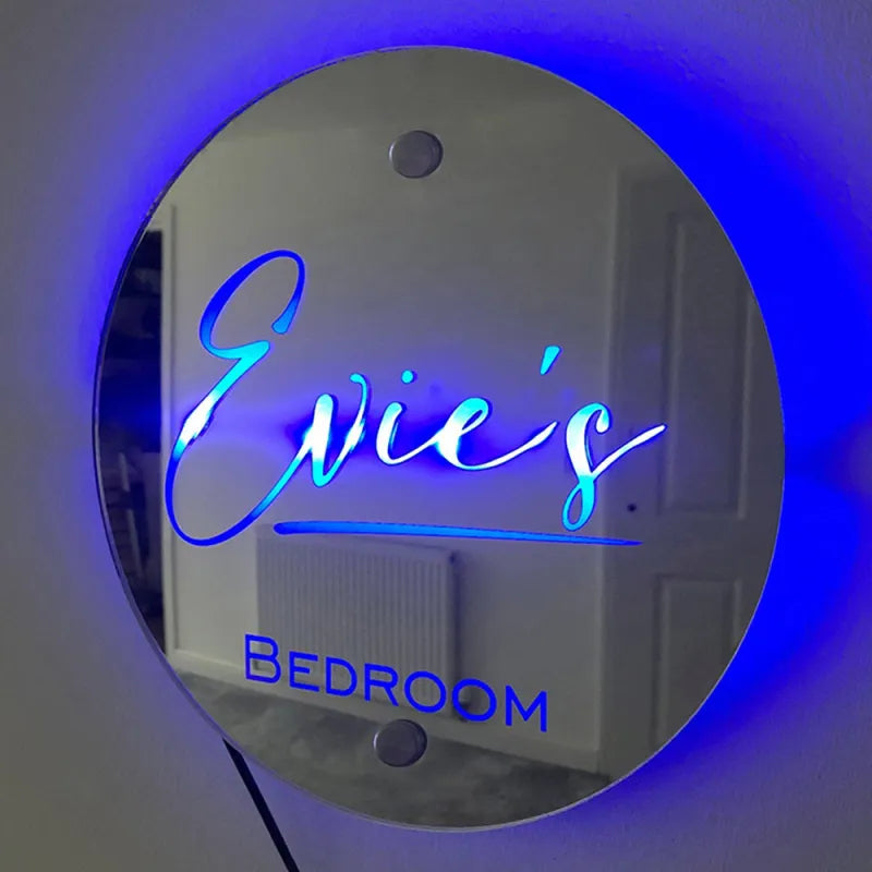 Personalised Name Mirror Sign Custom Name Round Mirror Marquee Light Gift For Bedroom For Kids