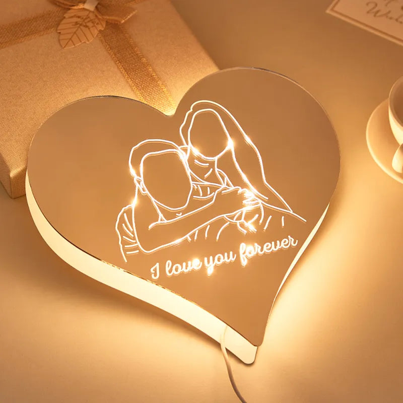 Personalized Photo Heart Mirror Colorful Lamp Line Drawing Led Night Light Exquisite Home Gifts