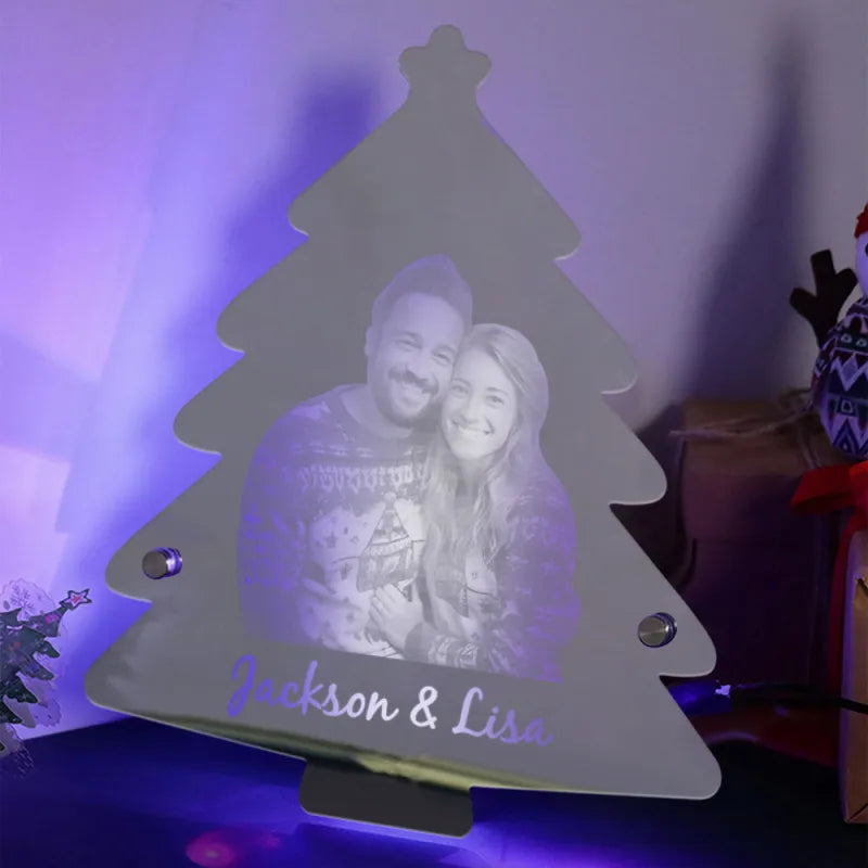 Personalized Photo Name Christmas Tree Mirror Lights Couple Gift