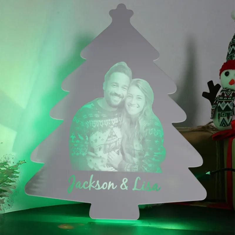 Personalized Photo Name Christmas Tree Mirror Lights Couple Gift