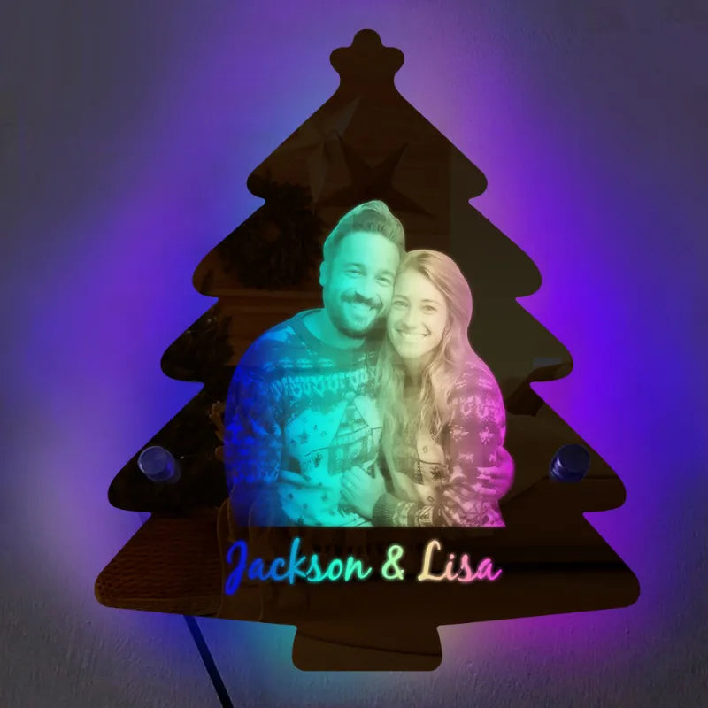 Personalized Photo Name Christmas Tree Mirror Lights Couple Gift