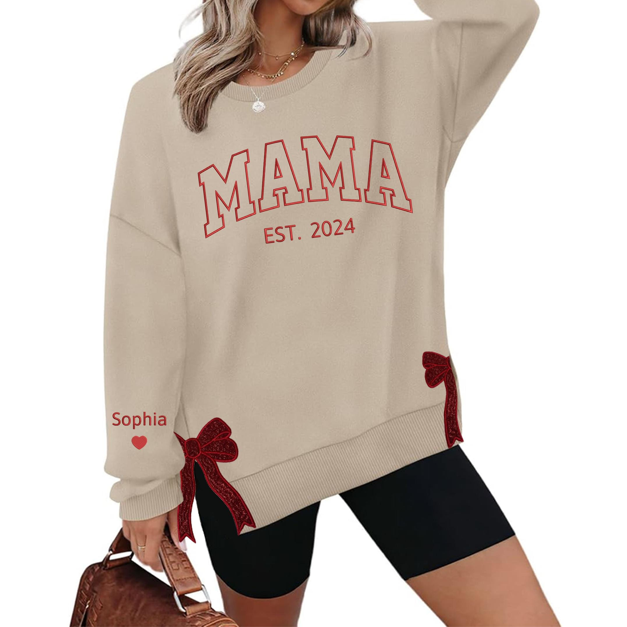 Personalized Mama Embroidered Glitter Side Bow Sweatshirt