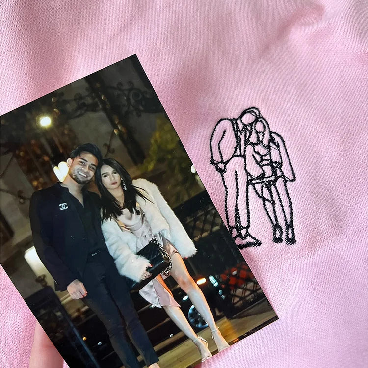 Custom Embroidered Hoodies for Couples - Matching Outline Portrait from Photo