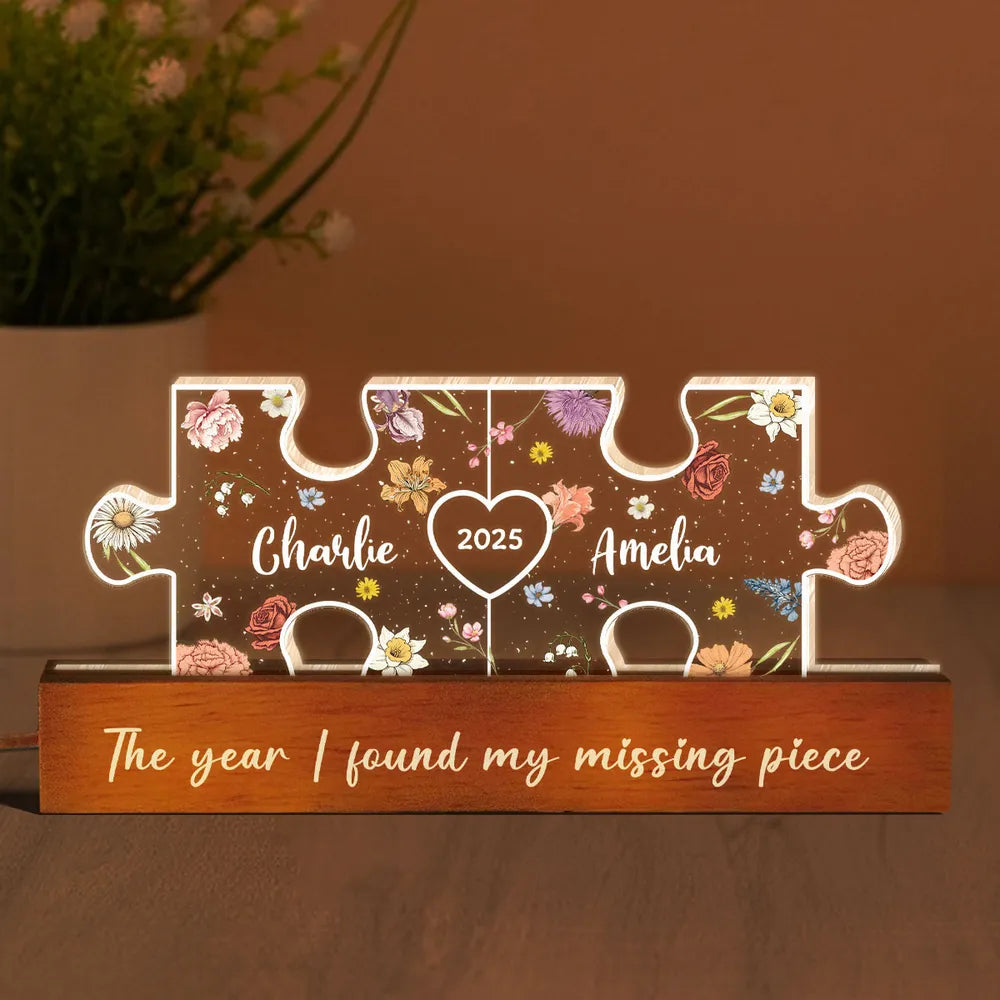 You Are My Missing Piece Couple Initials Floral Theme Personalized Acrylic LED Night Light