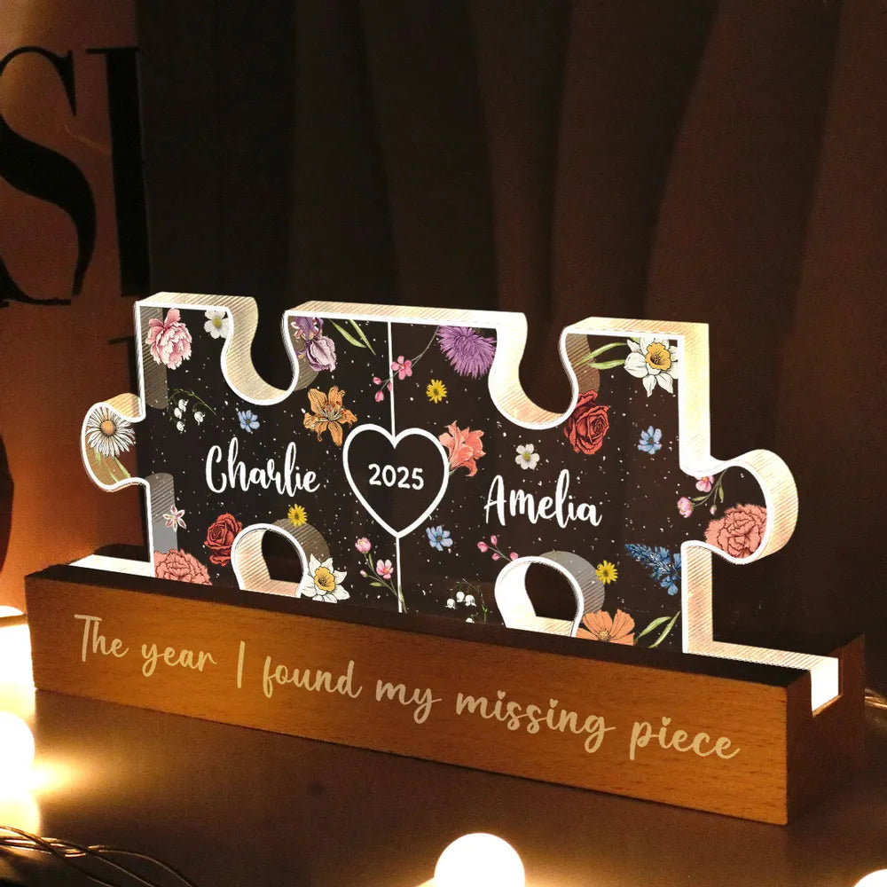 You Are My Missing Piece Couple Initials Floral Theme Personalized Acrylic LED Night Light