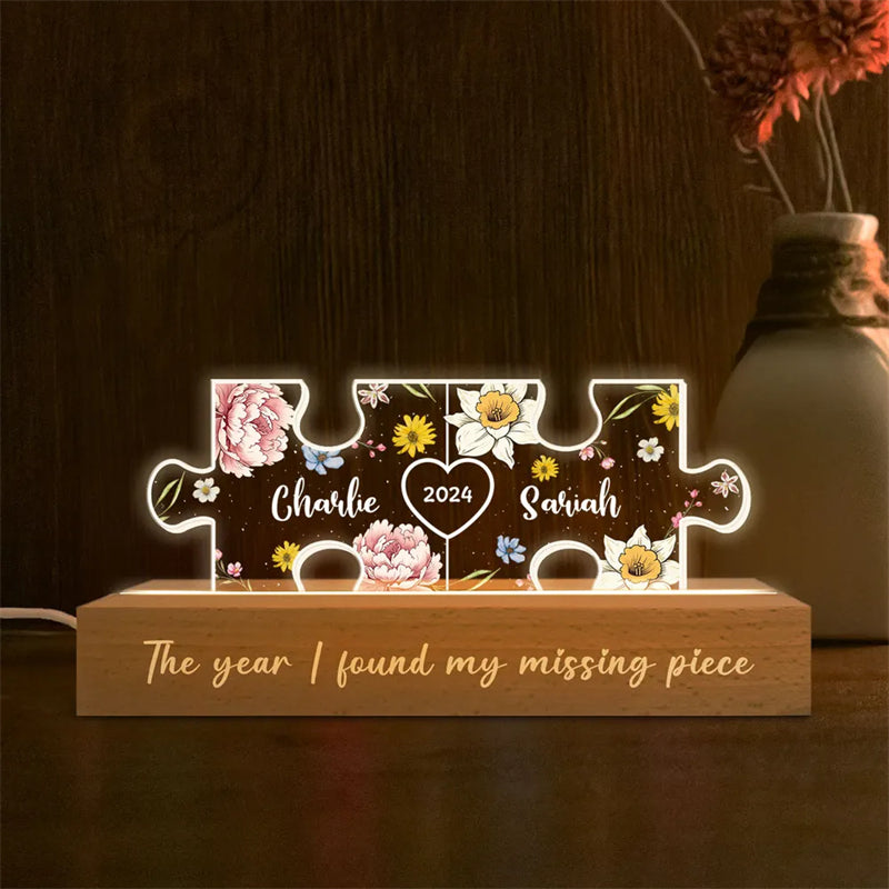 You Are My Missing Piece Couple Initials Floral Theme Personalized Acrylic LED Night Light