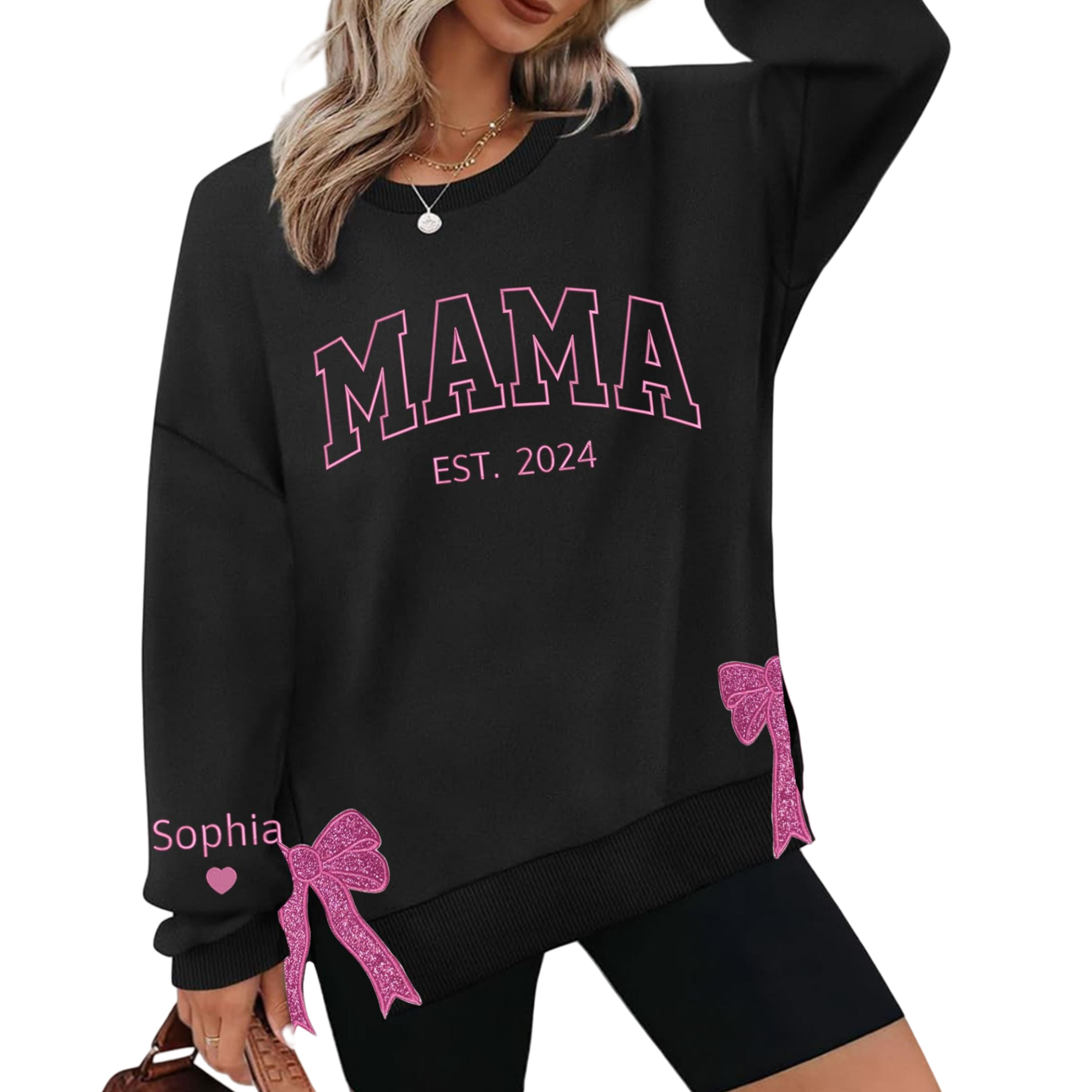 Personalized Mama Embroidered Glitter Side Bow Sweatshirt