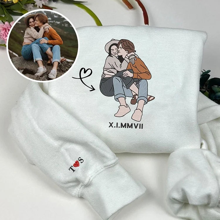 Custom Embroidered Portrait Sweatshirt - Personalized Portrait from Your Photo, Embroidered Design with Roman Numerals