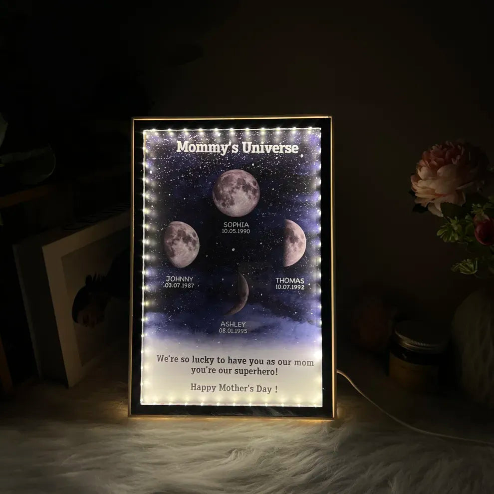 Mummy's Universe - Personalised Customised Starry Moon Phase Mirror Lightboxes